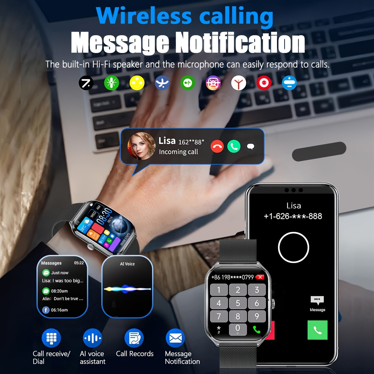 Sleek Ultra-Thin Smartwatch with 4.9cm Full Touch Display -, Dual Screen, USB Charging, Stainless Steel Case, for Android & for iPhone - Perfect for Fitness Tracking, Calls, Messages & Music Control