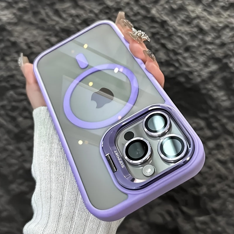 Simplified Magnetic Metal Frame Lens Protective Film/Bracket Three In One Phone Case Suitable for iPhone 16 16pro 16proMax 15 15Pro 15ProMax 14 14Pro 14ProMax 13 13Pro 13ProMax 12 12Pro 12ProMax 11 Acrylic Anti Drop Hard Shel