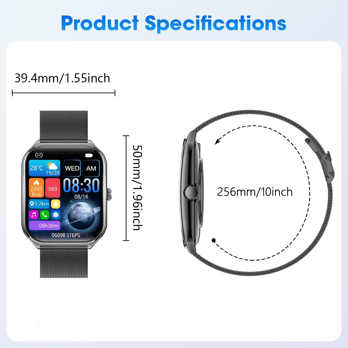Sleek Ultra-Thin Smartwatch with 4.9cm Full Touch Display -, Dual Screen, USB Charging, Stainless Steel Case, for Android & for iPhone - Perfect for Fitness Tracking, Calls, Messages & Music Control