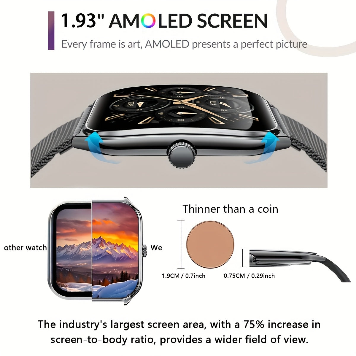 Sleek Ultra-Thin Smartwatch with 4.9cm Full Touch Display -, Dual Screen, USB Charging, Stainless Steel Case, for Android & for iPhone - Perfect for Fitness Tracking, Calls, Messages & Music Control