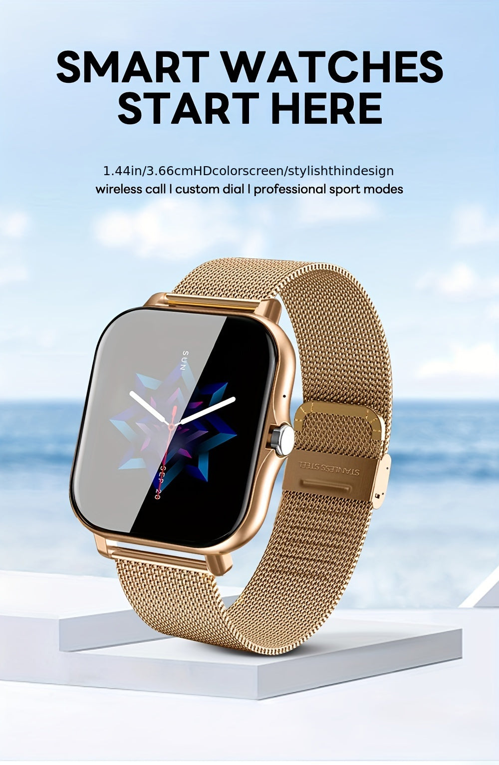Smart Watch with 3.66cm Full Touch Display, Wireless Calling, Message Push, Multiple Sports Modes, Sedentary Reminder, Weather Forecast, USB Charging, 200mAh Lithium Battery, Glitter Accents, Zinc Alloy & Silica Gel Strap, Co