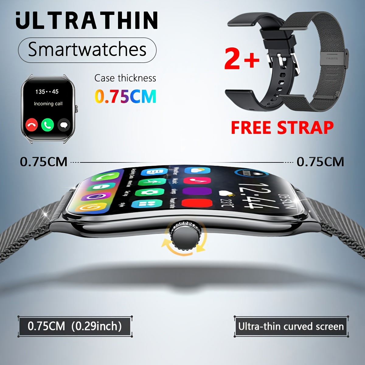Sleek Ultra-Thin Smartwatch with 4.9cm Full Touch Display -, Dual Screen, USB Charging, Stainless Steel Case, for Android & for iPhone - Perfect for Fitness Tracking, Calls, Messages & Music Control