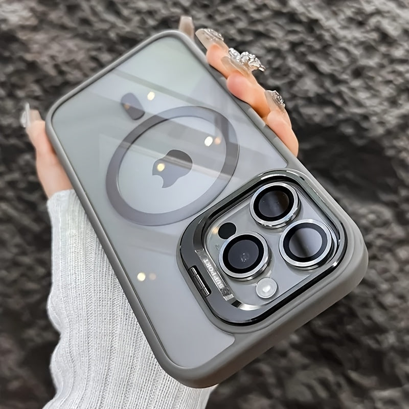 Simplified Magnetic Metal Frame Lens Protective Film/Bracket Three In One Phone Case Suitable for iPhone 16 16pro 16proMax 15 15Pro 15ProMax 14 14Pro 14ProMax 13 13Pro 13ProMax 12 12Pro 12ProMax 11 Acrylic Anti Drop Hard Shel