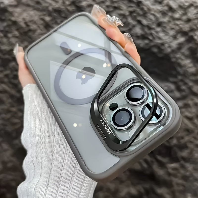 Simplified Magnetic Metal Frame Lens Protective Film/Bracket Three In One Phone Case Suitable for iPhone 16 16pro 16proMax 15 15Pro 15ProMax 14 14Pro 14ProMax 13 13Pro 13ProMax 12 12Pro 12ProMax 11 Acrylic Anti Drop Hard Shel