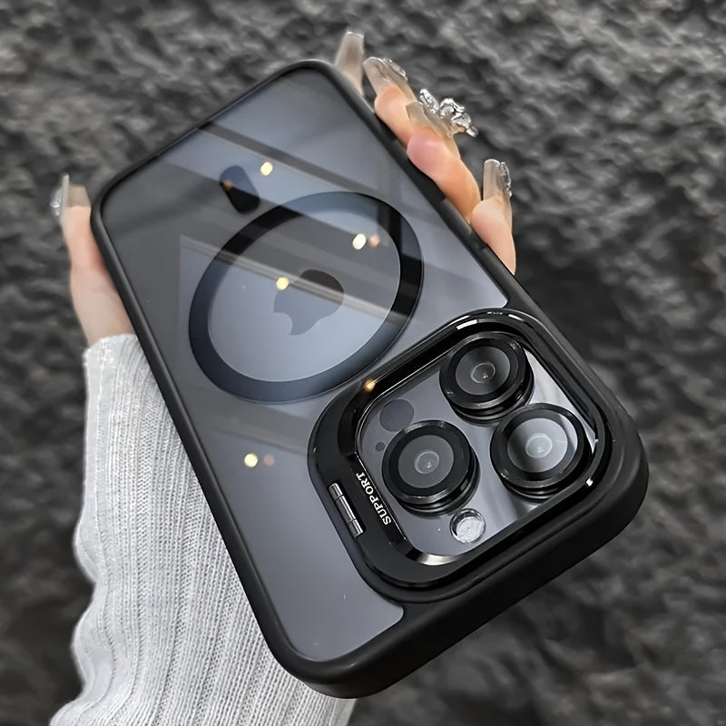 Simplified Magnetic Metal Frame Lens Protective Film/Bracket Three In One Phone Case Suitable for iPhone 16 16pro 16proMax 15 15Pro 15ProMax 14 14Pro 14ProMax 13 13Pro 13ProMax 12 12Pro 12ProMax 11 Acrylic Anti Drop Hard Shel