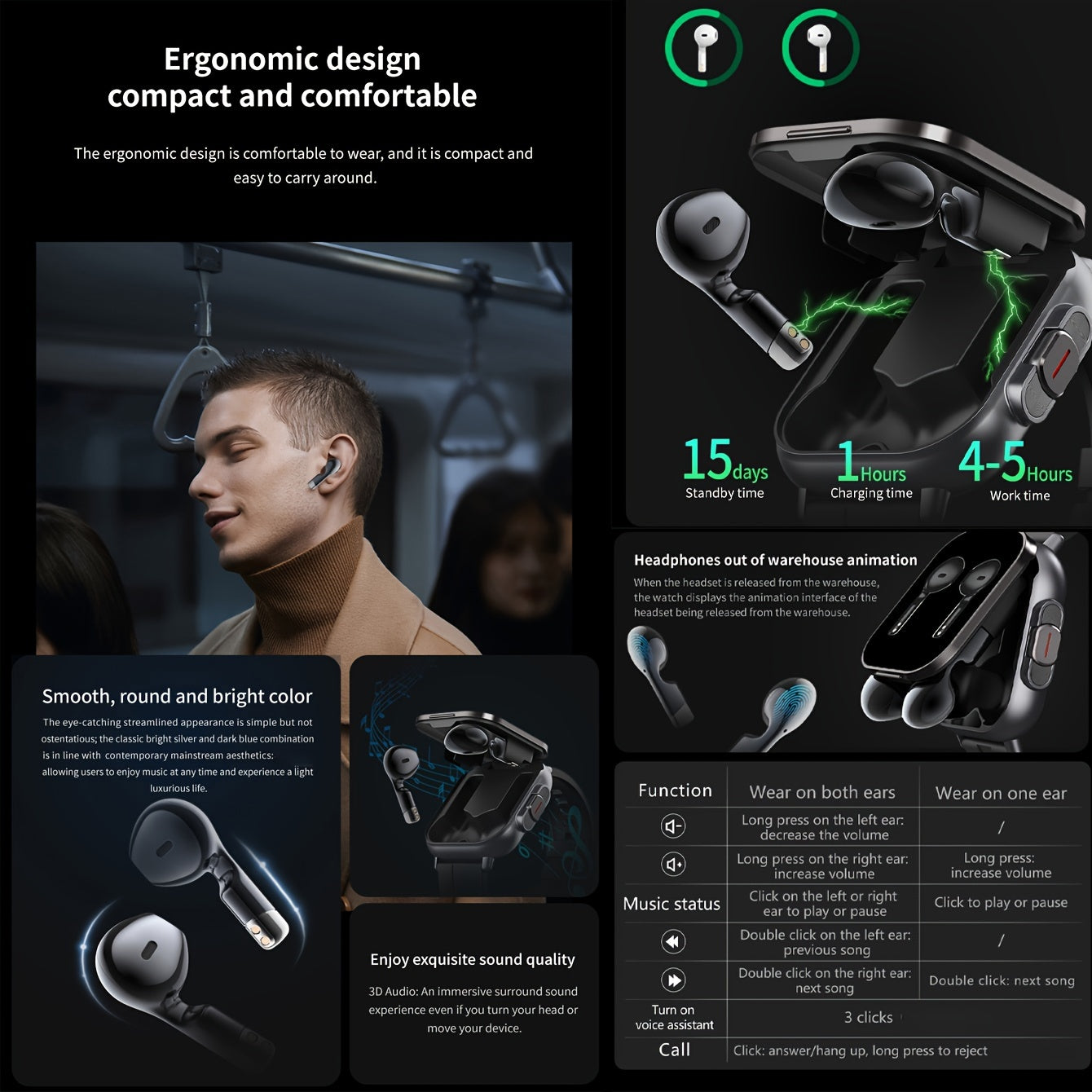 EFFEOKKI 2in 1 Smart Watch with Earbuds Wireless 5.11 cm Display TWS Earphones Headset Make Answer Call Sport Smartwatch for iPhone Android Smartphone