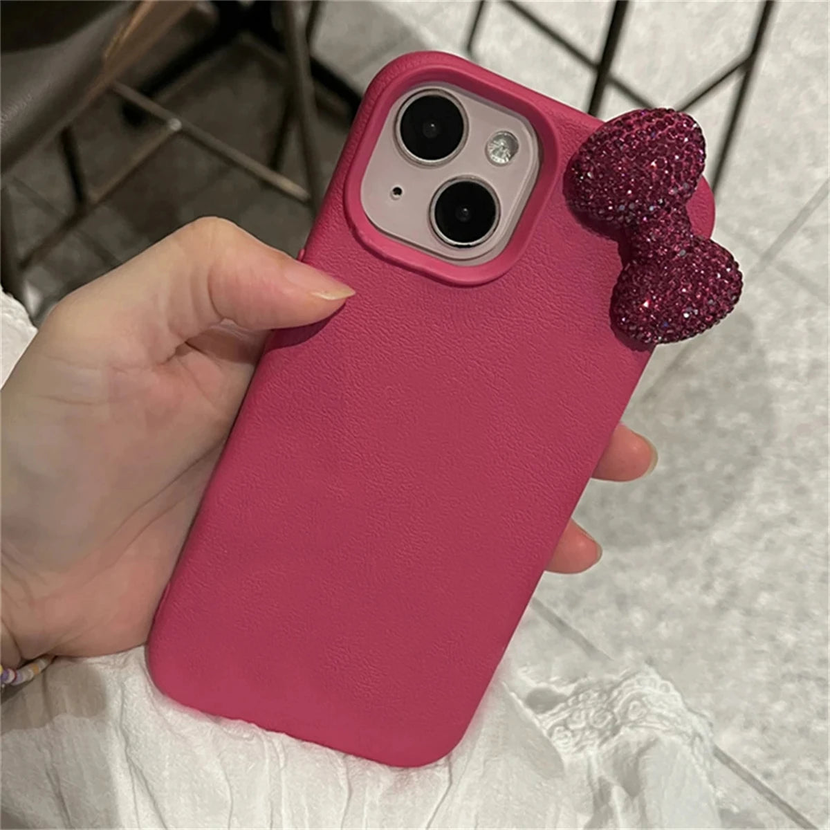 Luxury Rhinestone Bow Litchi Pattern Leather Phone Case For iPhone 16 15 14 13 12 11 Pro Max Cute Bowknot Shockproof Soft Cases