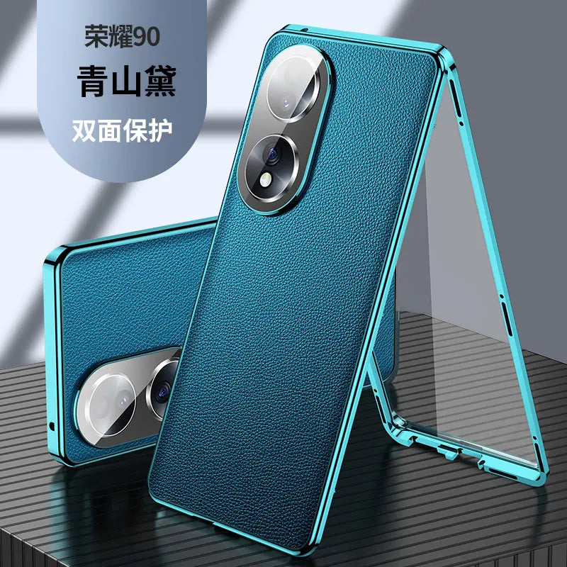 Honor 90 5G Case 360 Full Protection Clear Tempered Glass Front Hard Cover with Back PU Leather Case for Honor 90 Honor90 5G