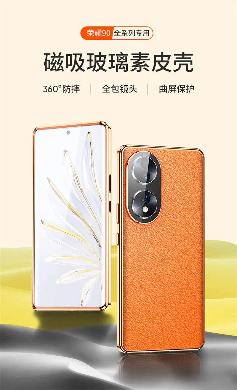 Honor 90 5G Case 360 Full Protection Clear Tempered Glass Front Hard Cover with Back PU Leather Case for Honor 90 Honor90 5G