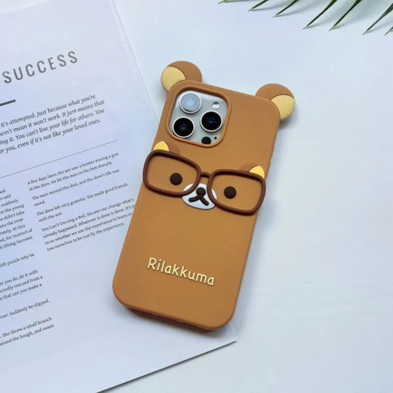 Cute 3D Cartoon Glasses Rilakkuma Bear Phone Case For iPhone 16 15 14 Plus 13 12 Pro Max Shockproof Soft Silicone Cover