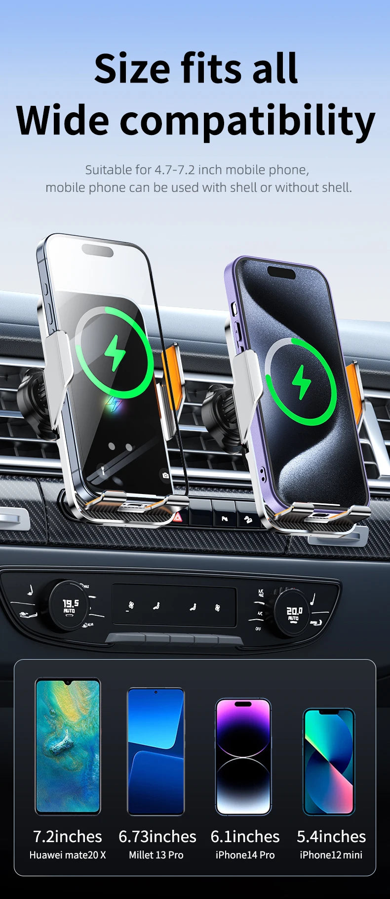 New Wireless Car Phone Holder with Charger 15W Wireless Phone Charging Mobile Holder for Car for iPhone Huawei Samsung Xiaomi