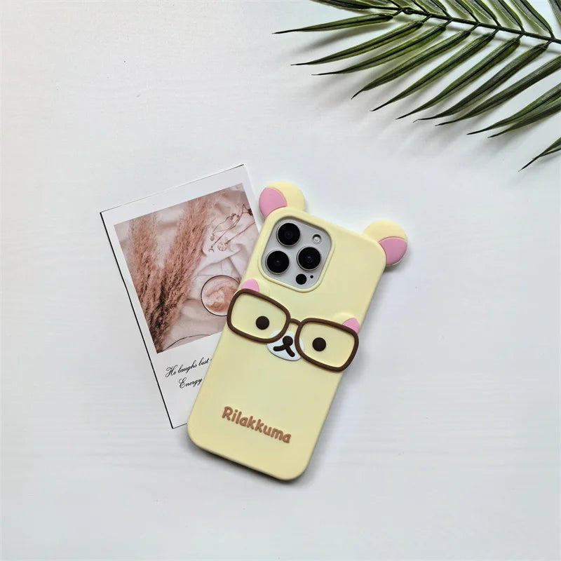 Cute 3D Cartoon Glasses Rilakkuma Bear Phone Case For iPhone 16 15 14 Plus 13 12 Pro Max Shockproof Soft Silicone Cover