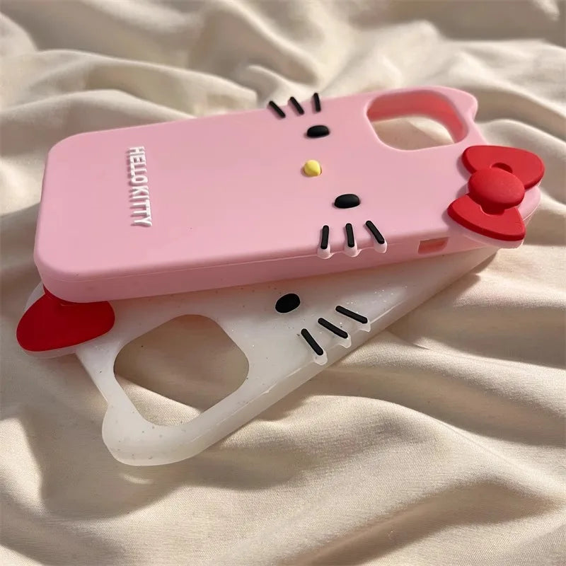 3D Hello Kitty Case For iPhone 16 15 Pro 14 Pro Max 13 12 Pro Max 11 Bowknot Concise Cartoon Silicon Soft Phone Case Cover