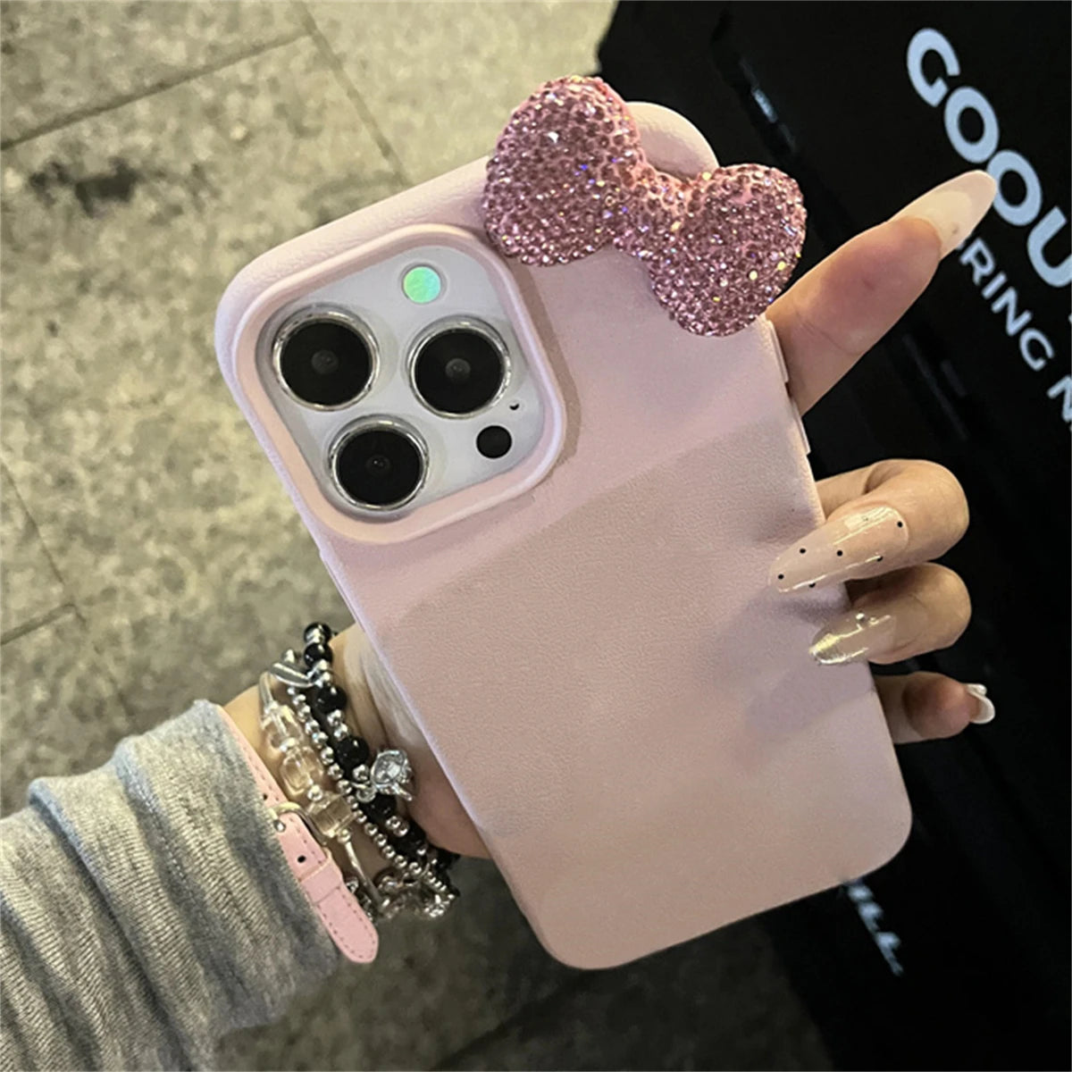 Luxury Rhinestone Bow Litchi Pattern Leather Phone Case For iPhone 16 15 14 13 12 11 Pro Max Cute Bowknot Shockproof Soft Cases