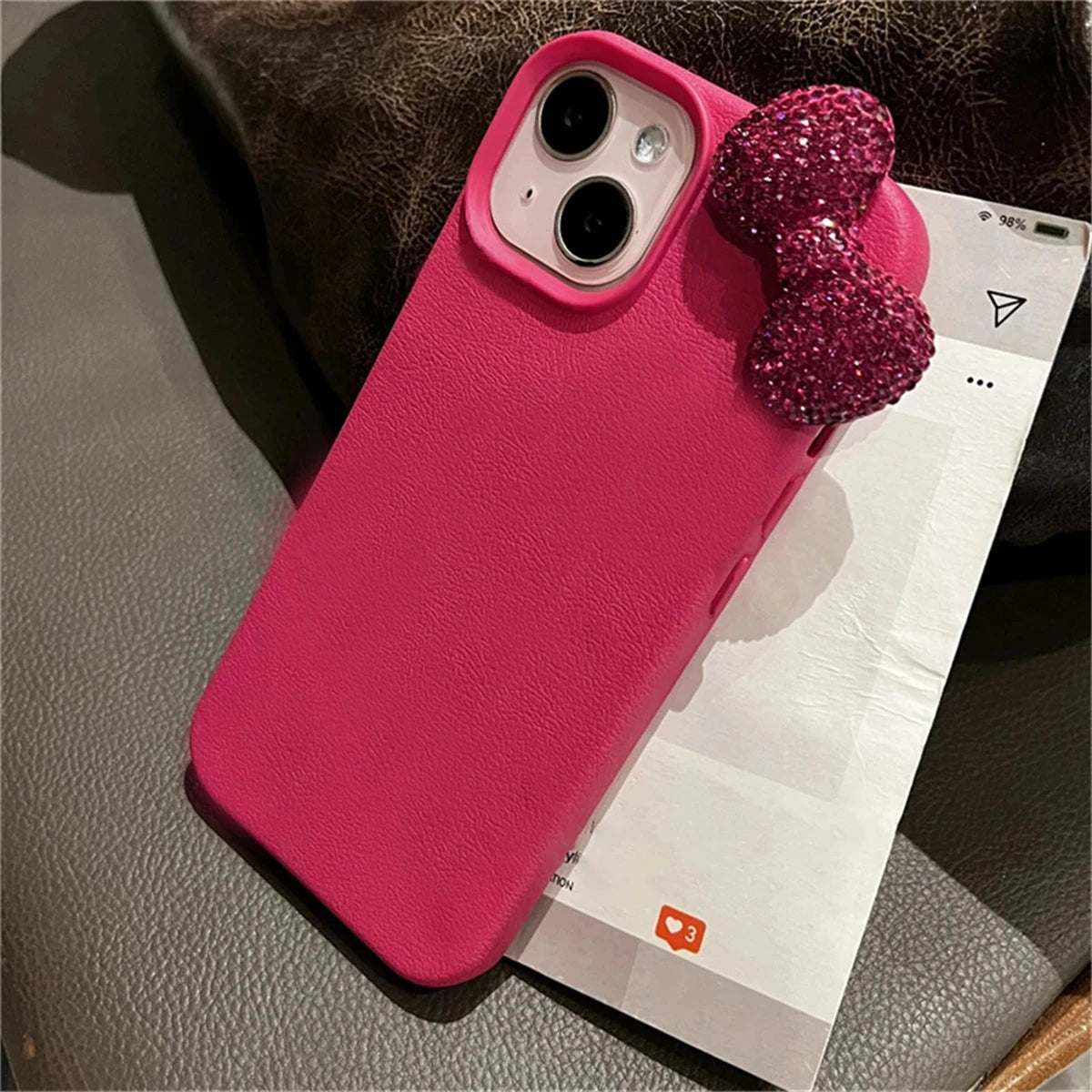 Luxury Rhinestone Bow Litchi Pattern Leather Phone Case For iPhone 16 15 14 13 12 11 Pro Max Cute Bowknot Shockproof Soft Cases