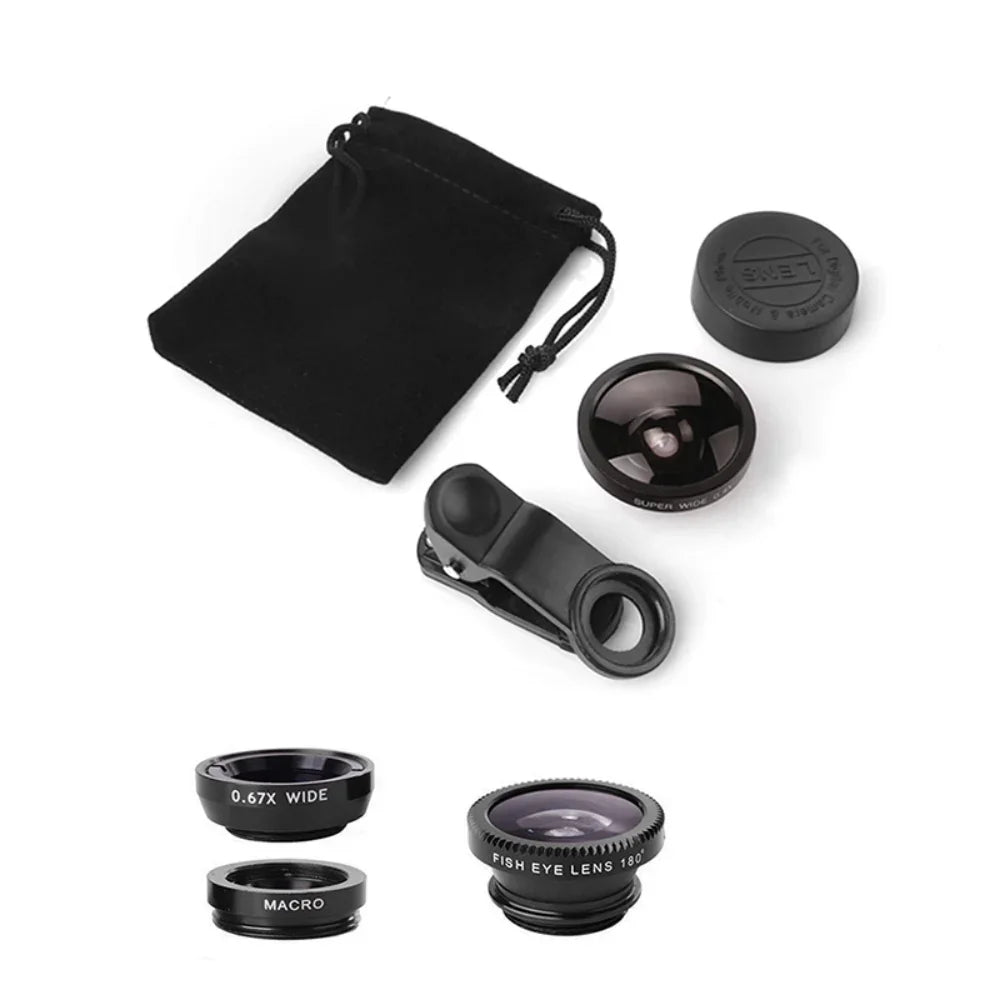 3in1 Fisheye Wide Angle Micro Camera Lens 0.67X Wide Angle Macro Lenses Camera With Clip for iPhone Xiaomi Redmi Huawei 3IN1 Len