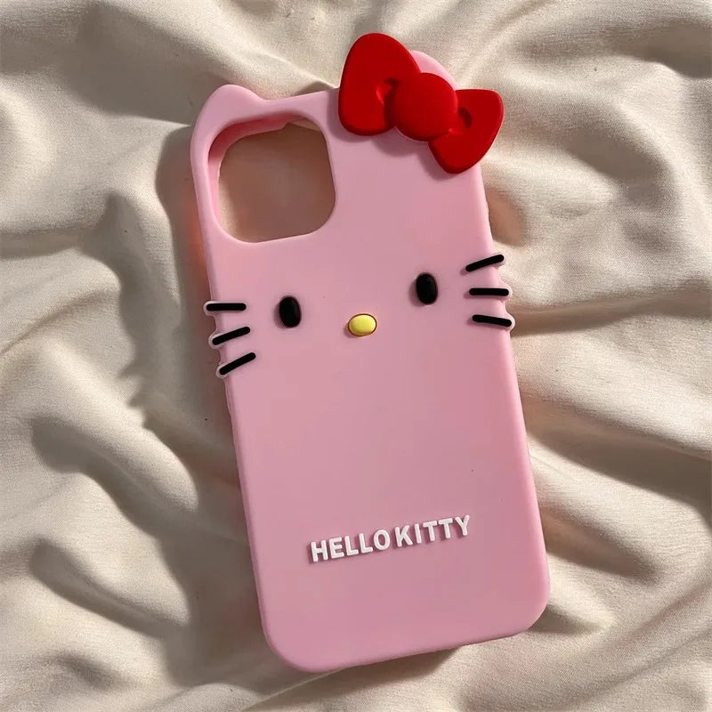 3D Hello Kitty Case For iPhone 16 15 Pro 14 Pro Max 13 12 Pro Max 11 Bowknot Concise Cartoon Silicon Soft Phone Case Cover