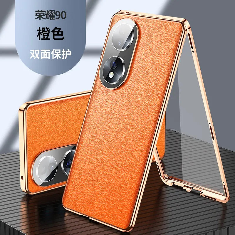 Honor 90 5G Case 360 Full Protection Clear Tempered Glass Front Hard Cover with Back PU Leather Case for Honor 90 Honor90 5G