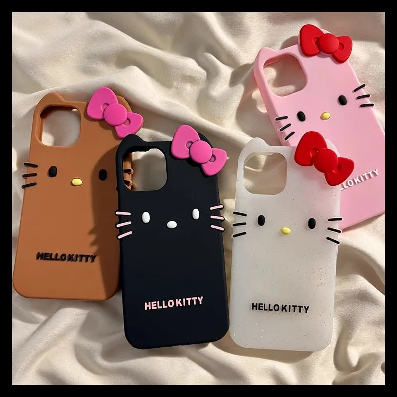 3D Hello Kitty Case For iPhone 16 15 Pro 14 Pro Max 13 12 Pro Max 11 Bowknot Concise Cartoon Silicon Soft Phone Case Cover