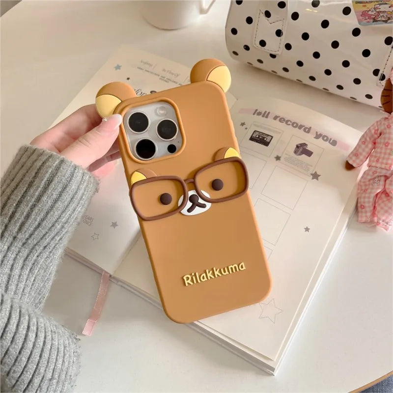 Cute 3D Cartoon Glasses Rilakkuma Bear Phone Case For iPhone 16 15 14 Plus 13 12 Pro Max Shockproof Soft Silicone Cover