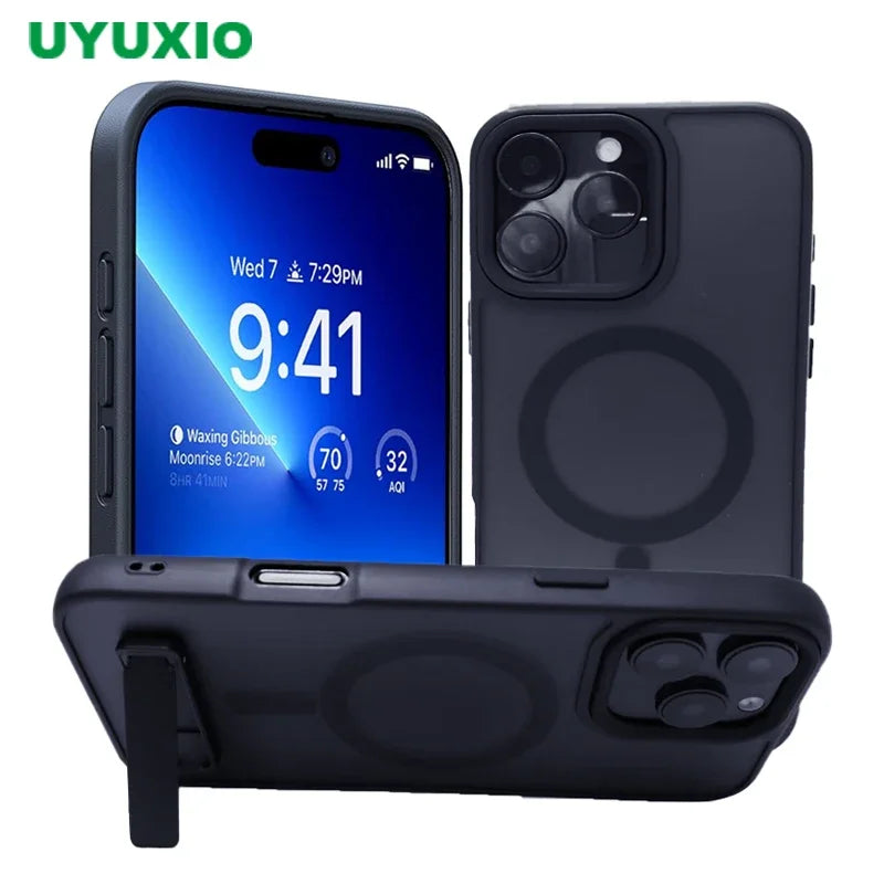 UYUXIO Magnetic Mobile Phone Case with Kickstand for iPhone 16 Pro Max 15 14 13 12 11 Translucent Stand Cases Cover with Holder