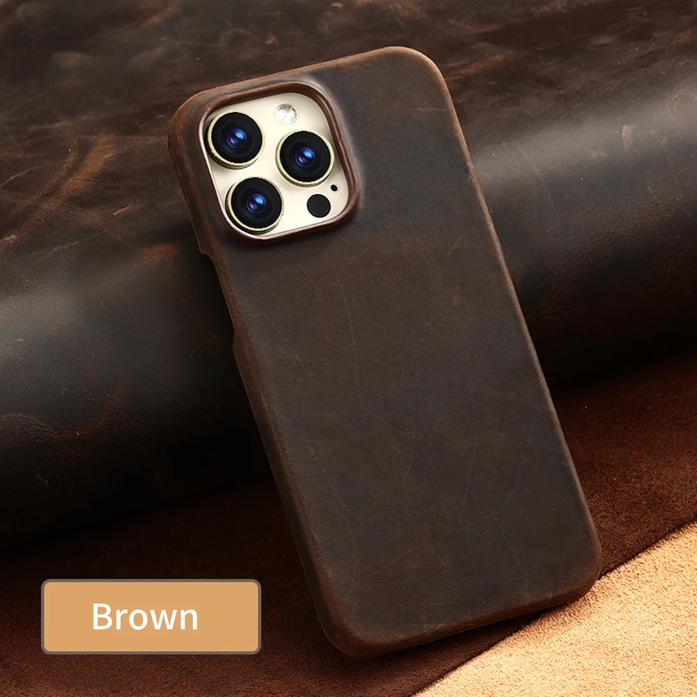 Retro Cowhide Phone Case for iPhone 16 15 13 14 Pro Max 16Pro 14Pro 15Pro Luxury Crazy Horse Genuine PULL-UP Leather Back Cover
