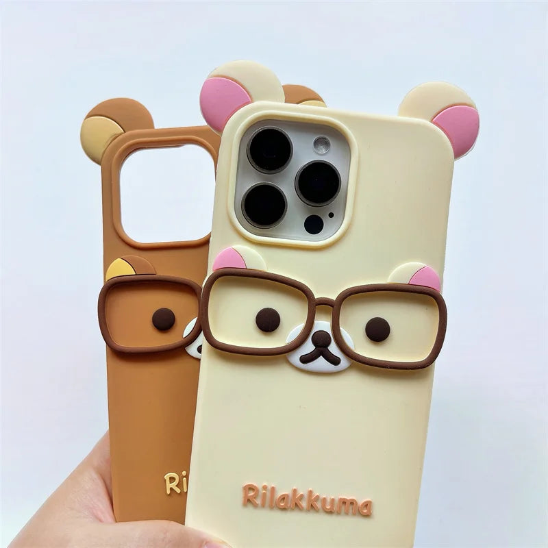 Cute 3D Cartoon Glasses Rilakkuma Bear Phone Case For iPhone 16 15 14 Plus 13 12 Pro Max Shockproof Soft Silicone Cover
