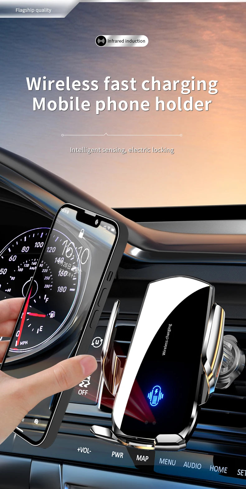 Wireless Car Phone Holder 15W Fast Charging Wireless Charger Infrared Sensing for iPhone Andorid Uneversal Car Phone Stand