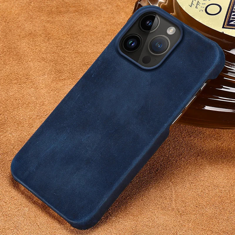Retro Cowhide Phone Case for iPhone 16 15 13 14 Pro Max 16Pro 14Pro 15Pro Luxury Crazy Horse Genuine PULL-UP Leather Back Cover