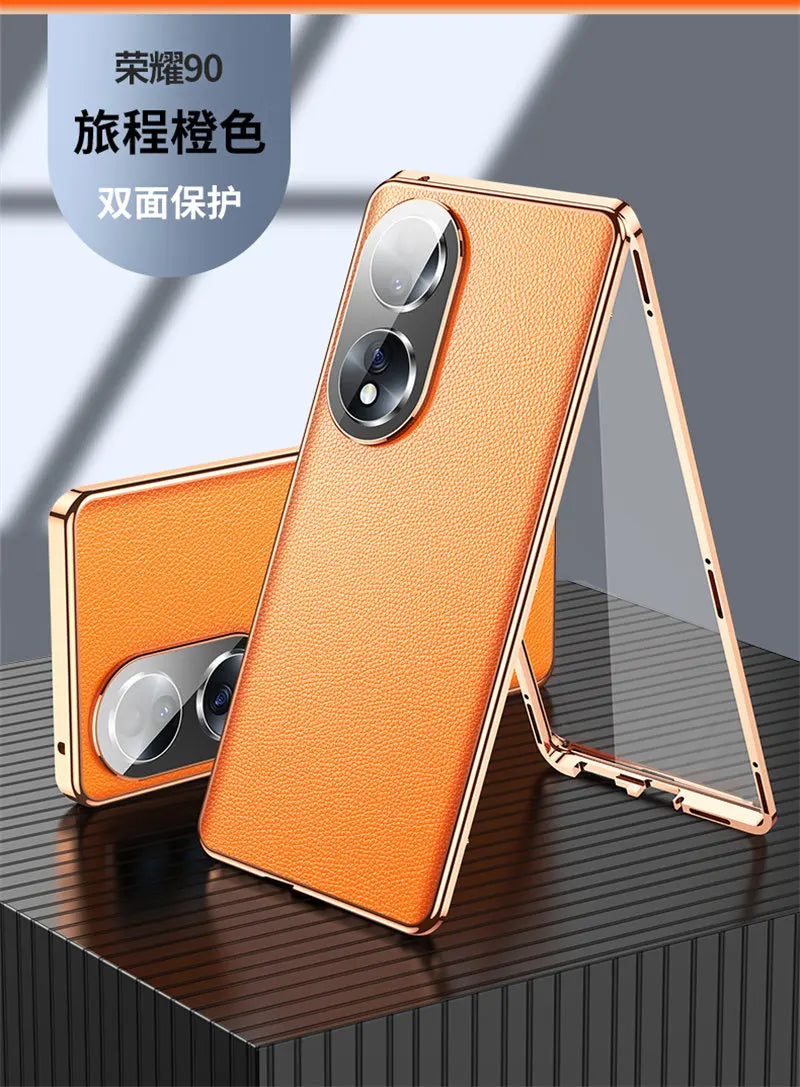 Honor 90 5G Case 360 Full Protection Clear Tempered Glass Front Hard Cover with Back PU Leather Case for Honor 90 Honor90 5G