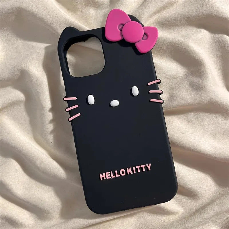 3D Hello Kitty Case For iPhone 16 15 Pro 14 Pro Max 13 12 Pro Max 11 Bowknot Concise Cartoon Silicon Soft Phone Case Cover