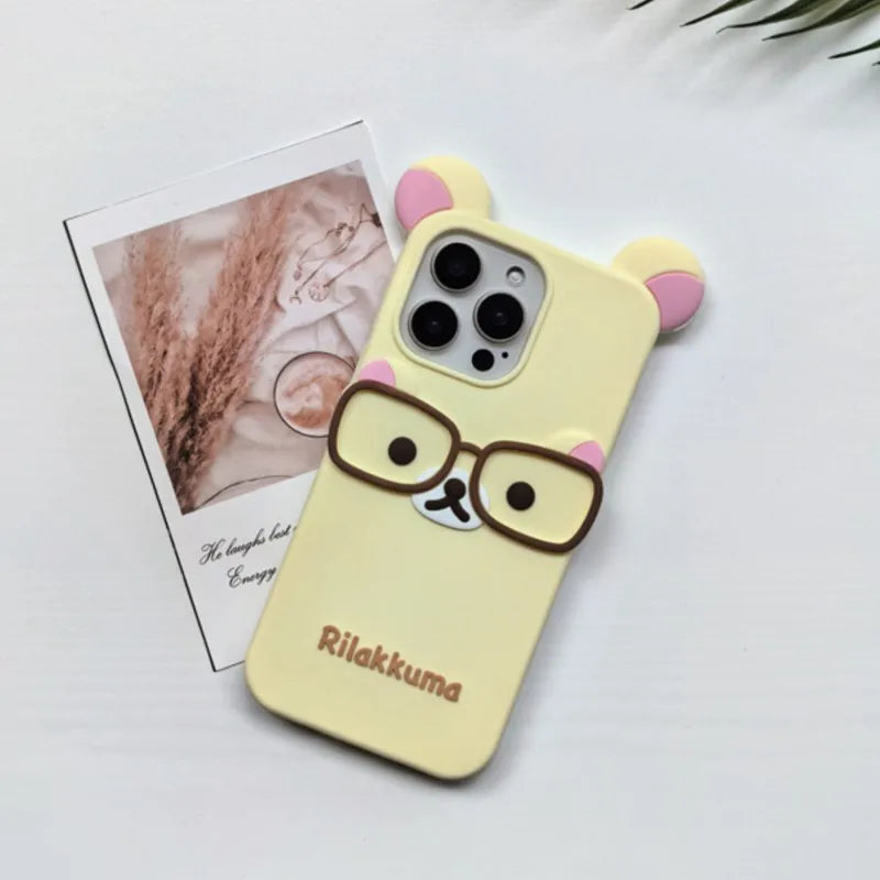 Cute 3D Cartoon Glasses Rilakkuma Bear Phone Case For iPhone 16 15 14 Plus 13 12 Pro Max Shockproof Soft Silicone Cover
