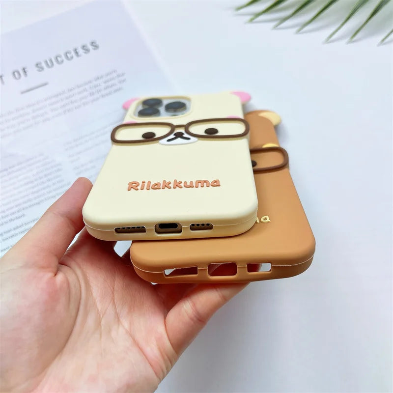 Cute 3D Cartoon Glasses Rilakkuma Bear Phone Case For iPhone 16 15 14 Plus 13 12 Pro Max Shockproof Soft Silicone Cover