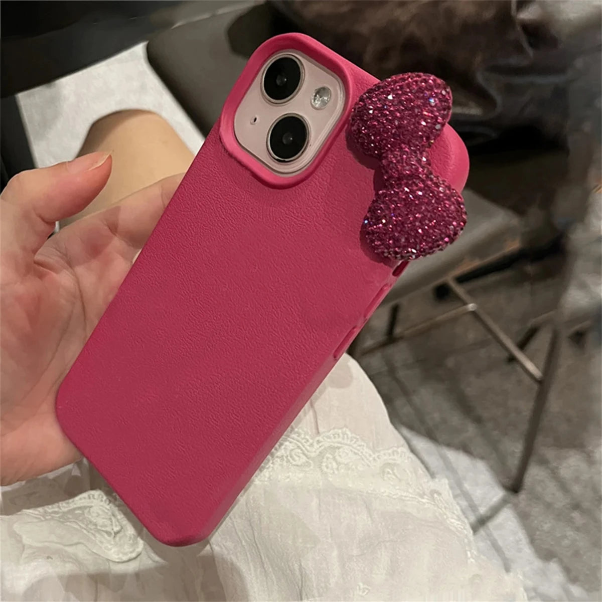 Luxury Rhinestone Bow Litchi Pattern Leather Phone Case For iPhone 16 15 14 13 12 11 Pro Max Cute Bowknot Shockproof Soft Cases