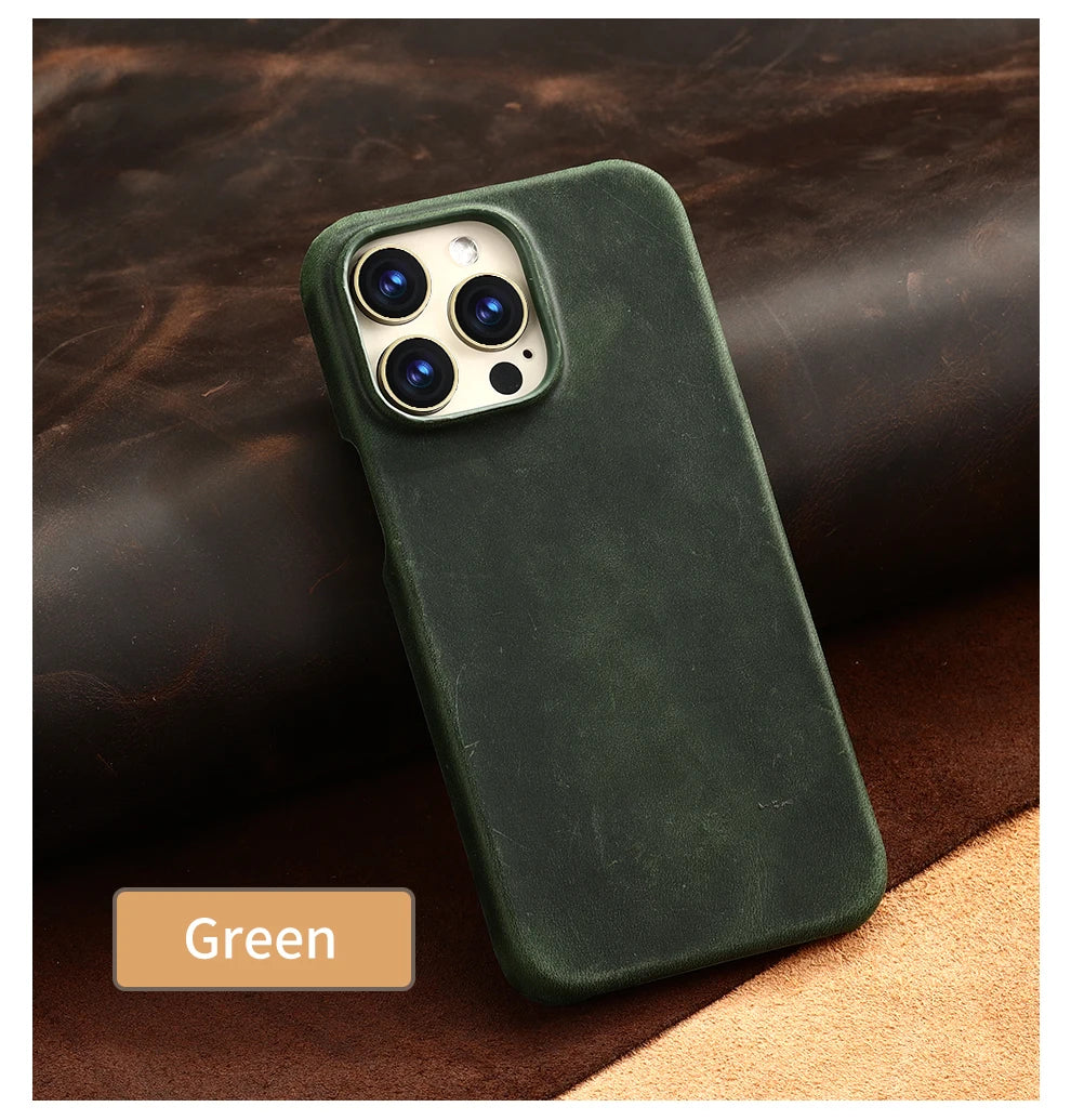 Retro Cowhide Phone Case for iPhone 16 15 13 14 Pro Max 16Pro 14Pro 15Pro Luxury Crazy Horse Genuine PULL-UP Leather Back Cover
