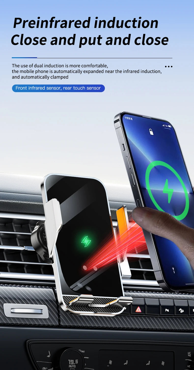 New Wireless Car Phone Holder with Charger 15W Wireless Phone Charging Mobile Holder for Car for iPhone Huawei Samsung Xiaomi