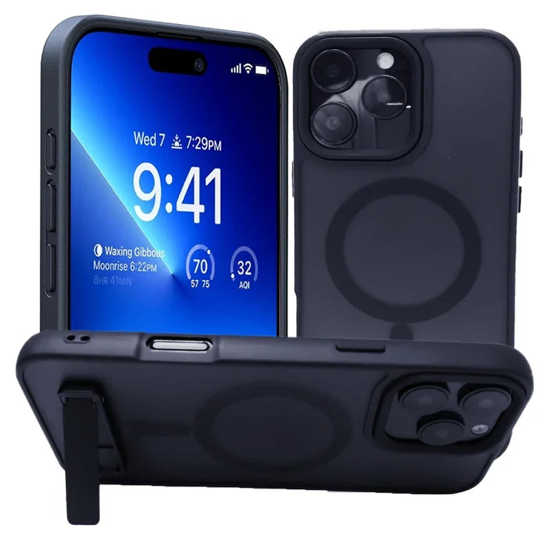 UYUXIO Magnetic Mobile Phone Case with Kickstand for iPhone 16 Pro Max 15 14 13 12 11 Translucent Stand Cases Cover with Holder