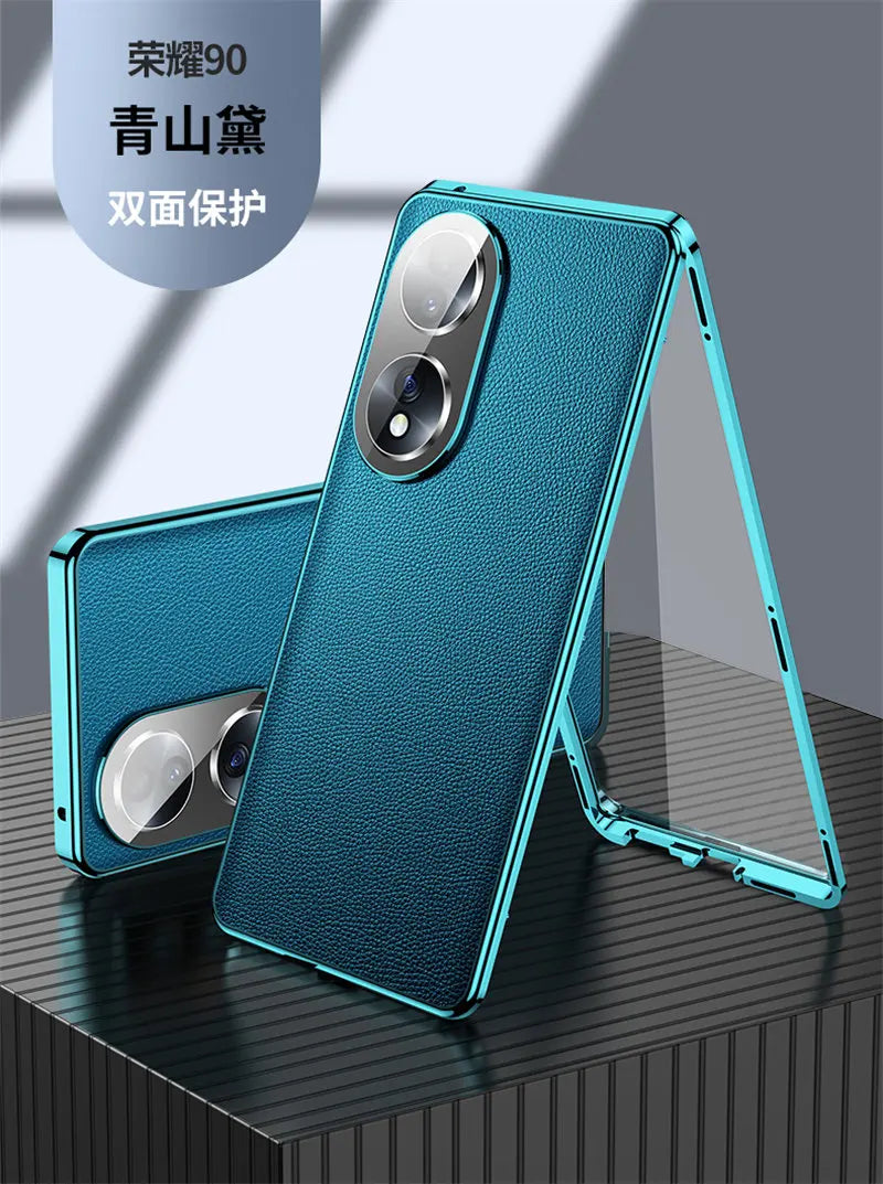 Honor 90 5G Case 360 Full Protection Clear Tempered Glass Front Hard Cover with Back PU Leather Case for Honor 90 Honor90 5G