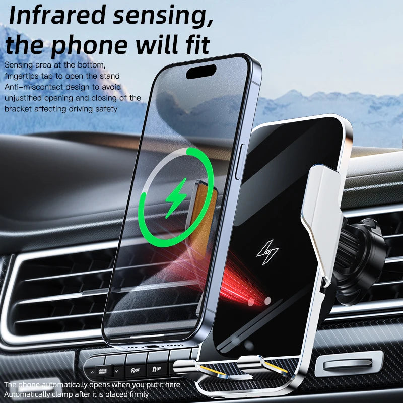 New Wireless Car Phone Holder with Charger 15W Wireless Phone Charging Mobile Holder for Car for iPhone Huawei Samsung Xiaomi