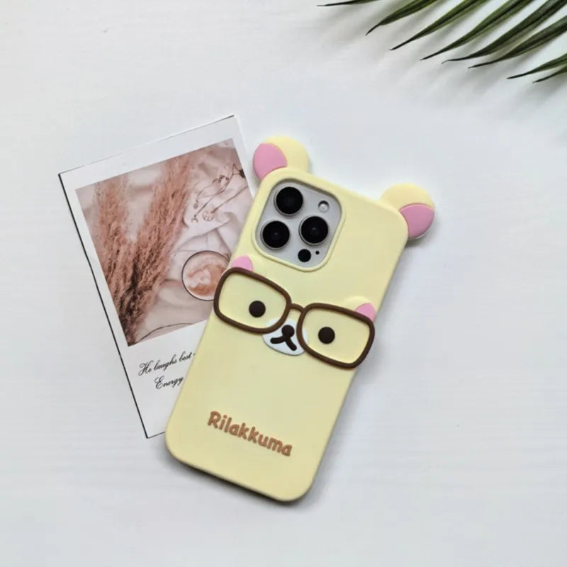 Cute 3D Cartoon Glasses Rilakkuma Bear Phone Case For iPhone 16 15 14 Plus 13 12 Pro Max Shockproof Soft Silicone Cover