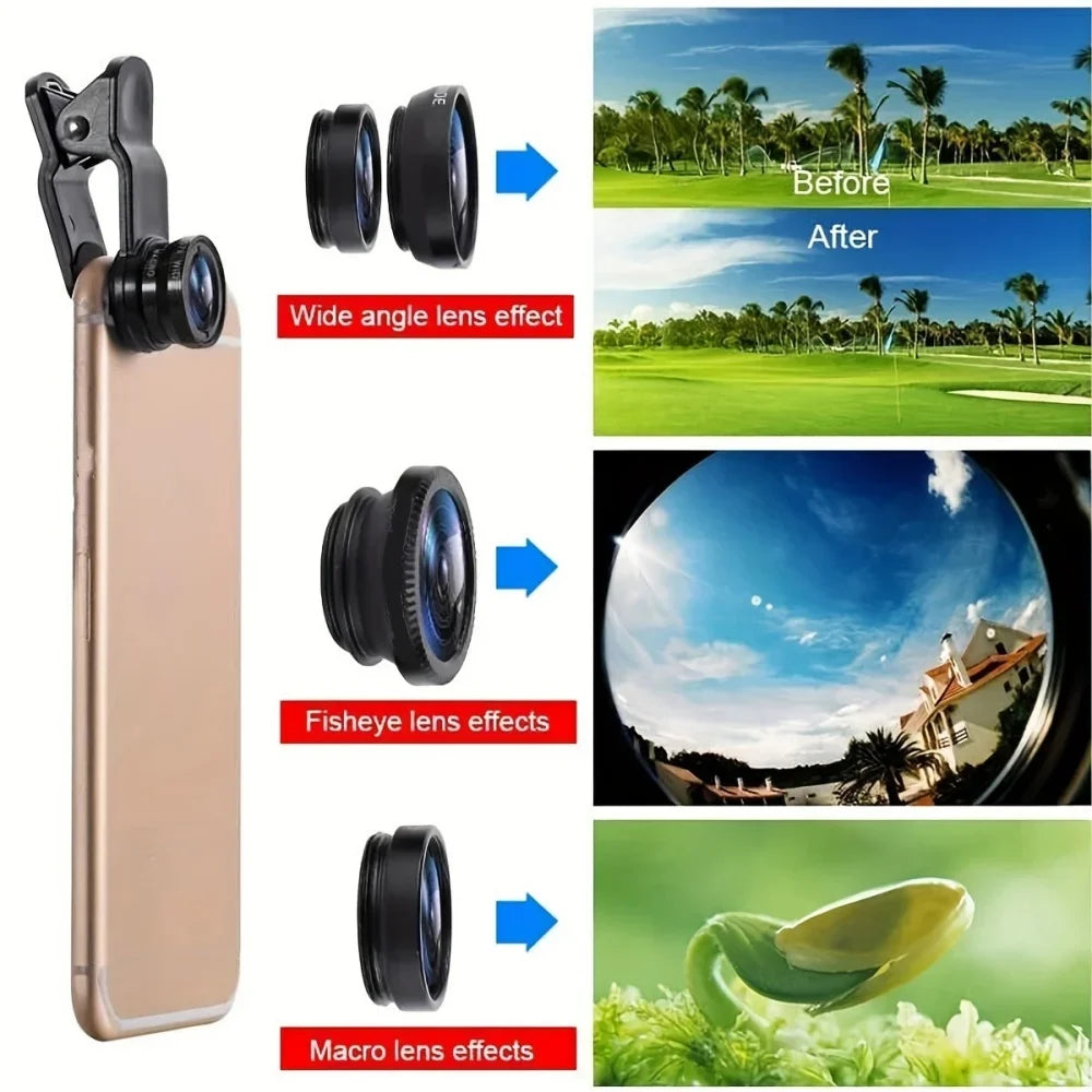 3in1 Fisheye Wide Angle Micro Camera Lens 0.67X Wide Angle Macro Lenses Camera With Clip for iPhone Xiaomi Redmi Huawei 3IN1 Len