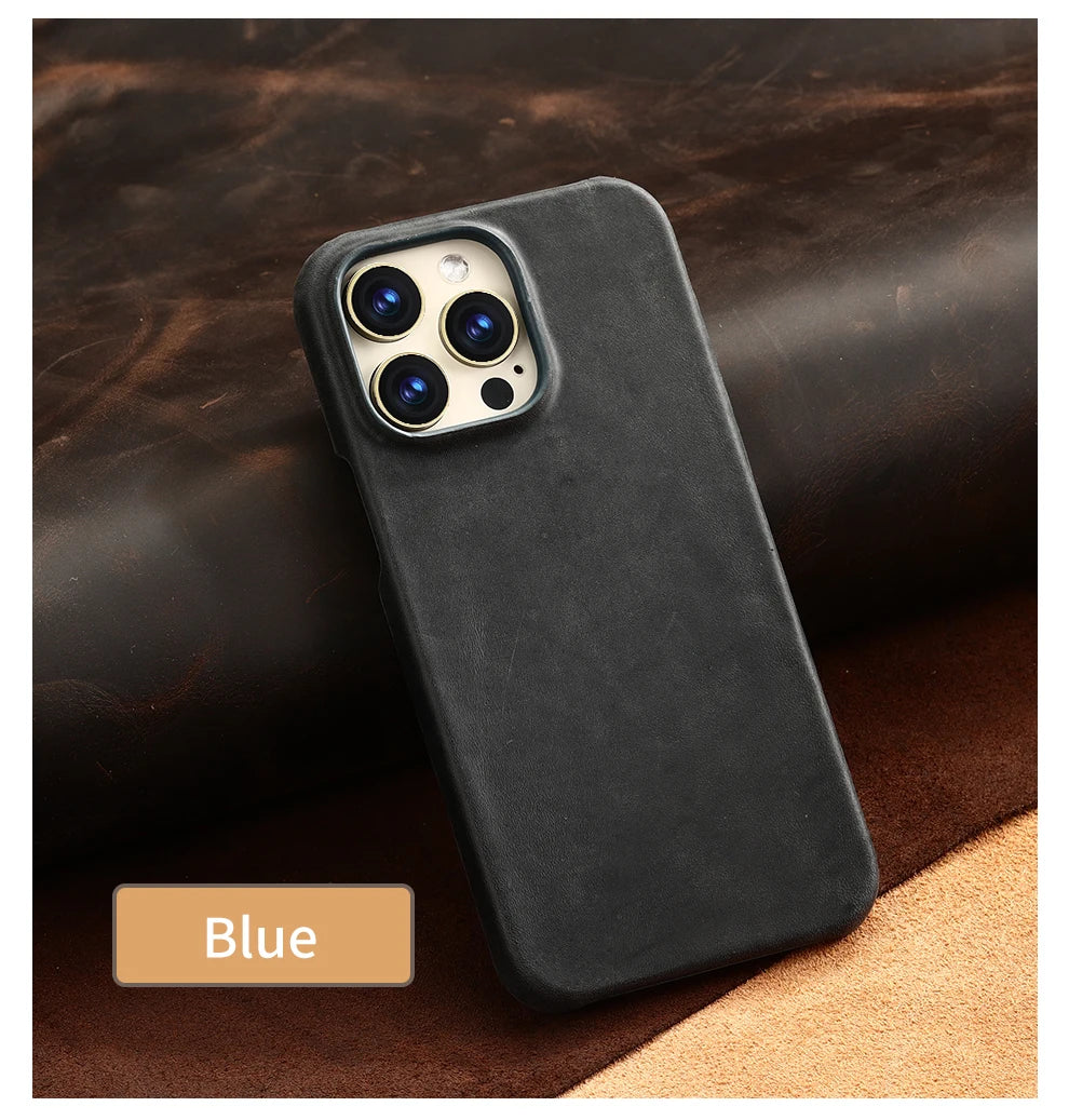 Retro Cowhide Phone Case for iPhone 16 15 13 14 Pro Max 16Pro 14Pro 15Pro Luxury Crazy Horse Genuine PULL-UP Leather Back Cover