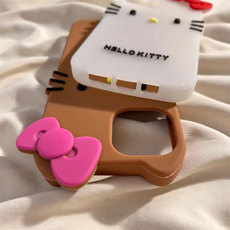 3D Hello Kitty Case For iPhone 16 15 Pro 14 Pro Max 13 12 Pro Max 11 Bowknot Concise Cartoon Silicon Soft Phone Case Cover