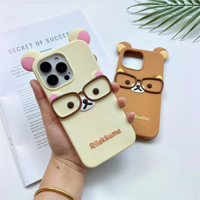 Cute 3D Cartoon Glasses Rilakkuma Bear Phone Case For iPhone 16 15 14 Plus 13 12 Pro Max Shockproof Soft Silicone Cover