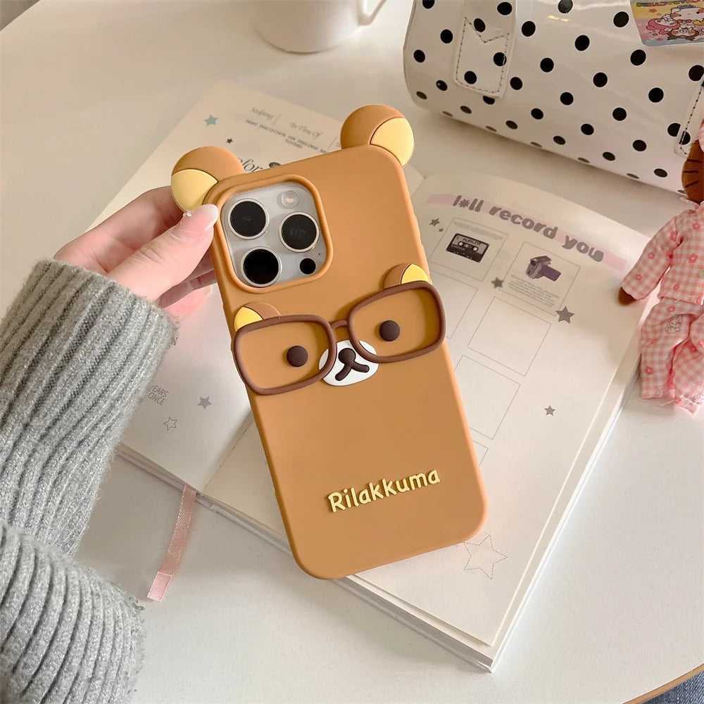 Cute 3D Cartoon Glasses Rilakkuma Bear Phone Case For iPhone 16 15 14 Plus 13 12 Pro Max Shockproof Soft Silicone Cover