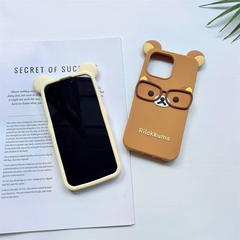 Cute 3D Cartoon Glasses Rilakkuma Bear Phone Case For iPhone 16 15 14 Plus 13 12 Pro Max Shockproof Soft Silicone Cover
