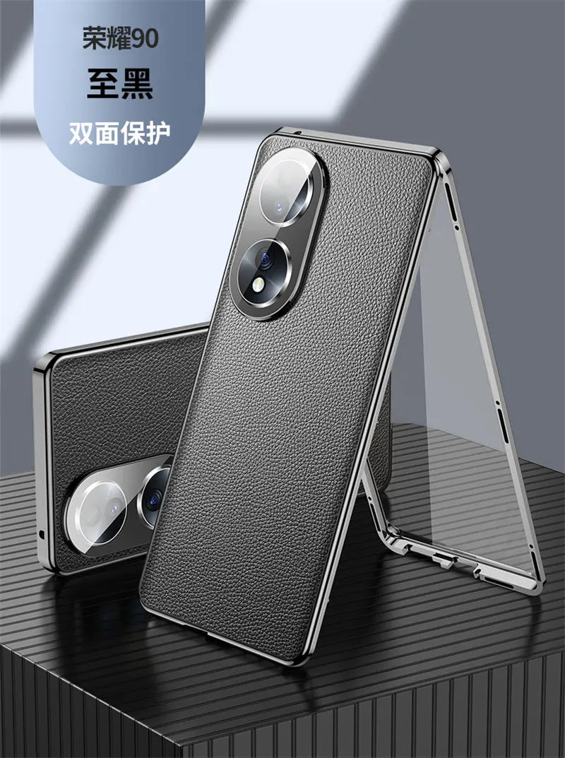 Honor 90 5G Case 360 Full Protection Clear Tempered Glass Front Hard Cover with Back PU Leather Case for Honor 90 Honor90 5G