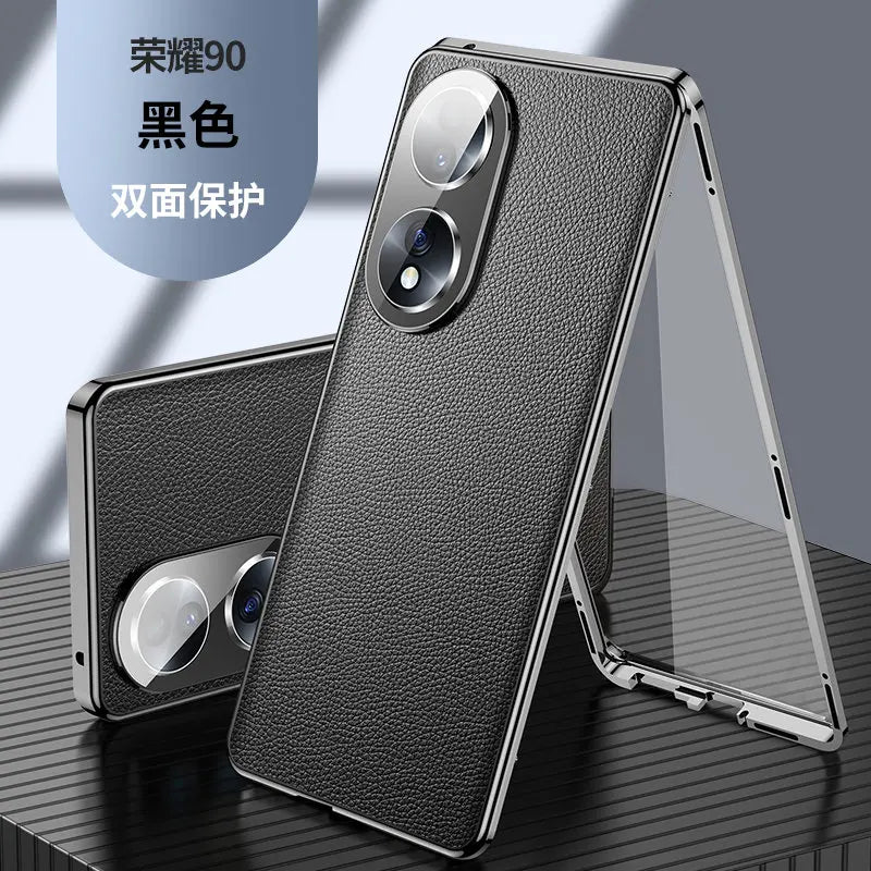 Honor 90 5G Case 360 Full Protection Clear Tempered Glass Front Hard Cover with Back PU Leather Case for Honor 90 Honor90 5G