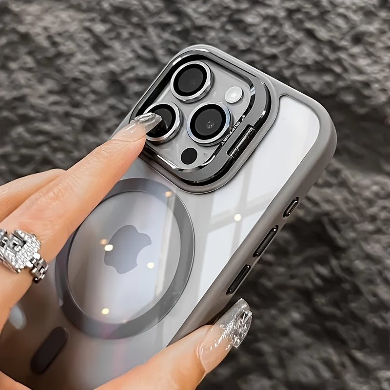 Simplified Magnetic Metal Frame Lens Protective Film/Bracket Three In One Phone Case Suitable for iPhone 16 16pro 16proMax 15 15Pro 15ProMax 14 14Pro 14ProMax 13 13Pro 13ProMax 12 12Pro 12ProMax 11 Acrylic Anti Drop Hard Shel