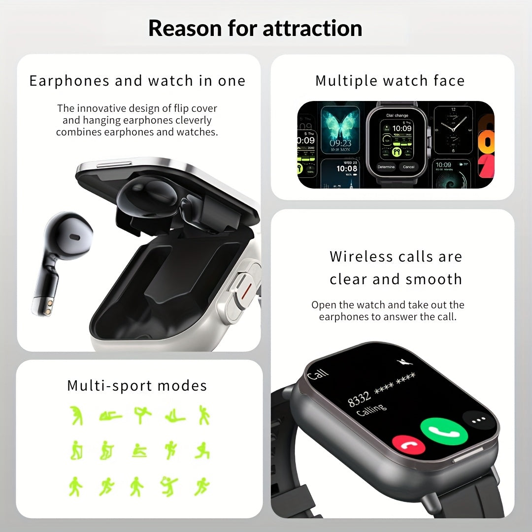 EFFEOKKI 2in 1 Smart Watch with Earbuds Wireless 5.11 cm Display TWS Earphones Headset Make Answer Call Sport Smartwatch for iPhone Android Smartphone